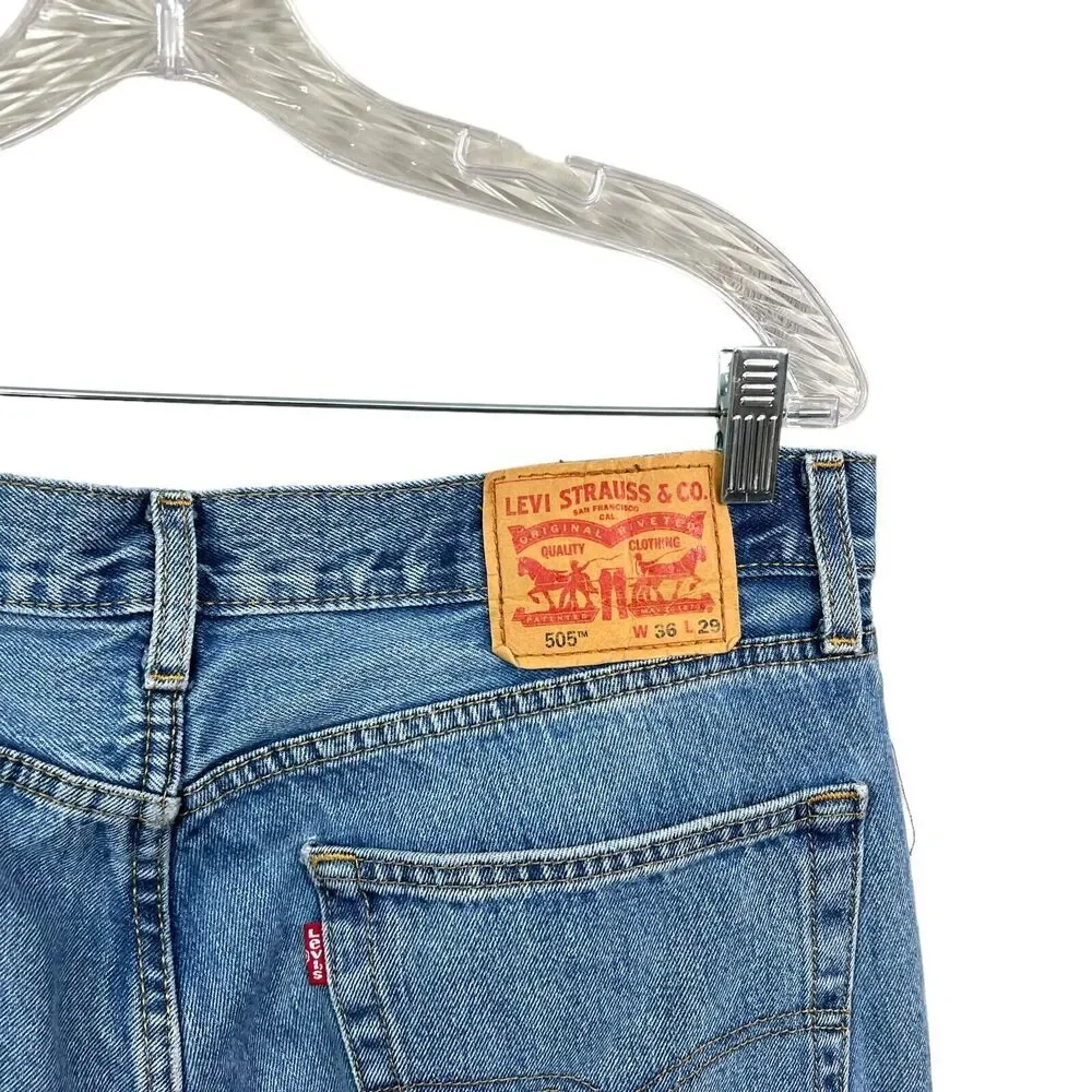 Levis Mens 505 Jeans Straight Leg 5 Pocket Zip Fly Mid Rise Blue Wash SZ 36X29*